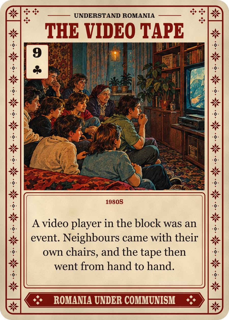 THE VIDEO TAPE — 1980s. A video player in the block was an event. Neighbours came with their own chairs, and the tape then went from hand to hand.