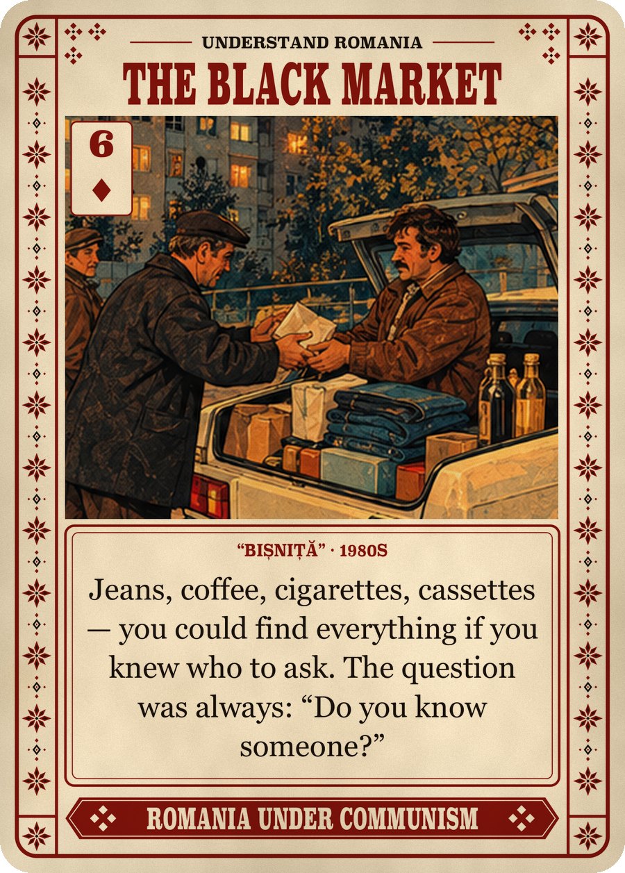 THE BLACK MARKET — “bișniță” · 1980s. Jeans, coffee, cigarettes, cassettes — you could find everything if you knew who to ask. The question was always: “Do you know someone?”