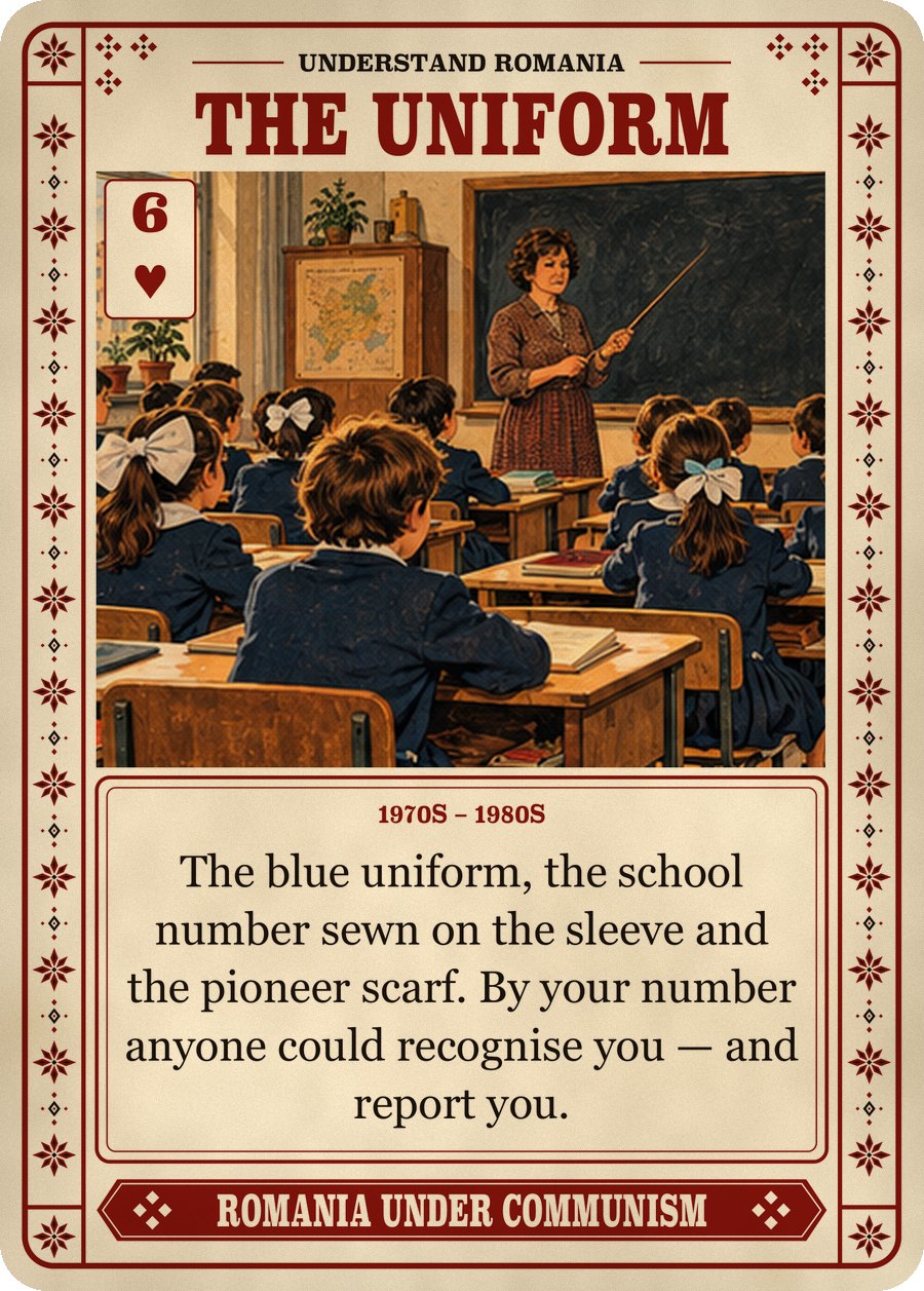 THE UNIFORM — 1970s – 1980s. The blue uniform, the school number sewn on the sleeve and the pioneer scarf. By your number anyone could recognise you — and report you.