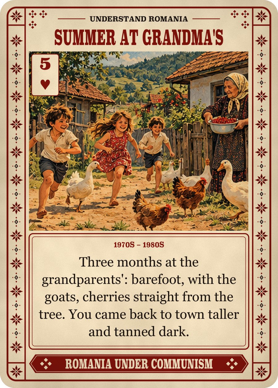 SUMMER AT GRANDMA'S — 1970s – 1980s. Three months at the grandparents': barefoot, with the goats, cherries straight from the tree. You came back to town taller and tanned dark.