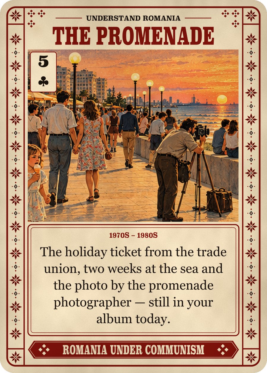 THE PROMENADE — 1970s – 1980s. The holiday ticket from the trade union, two weeks at the sea and the photo by the promenade photographer — still in your album today.