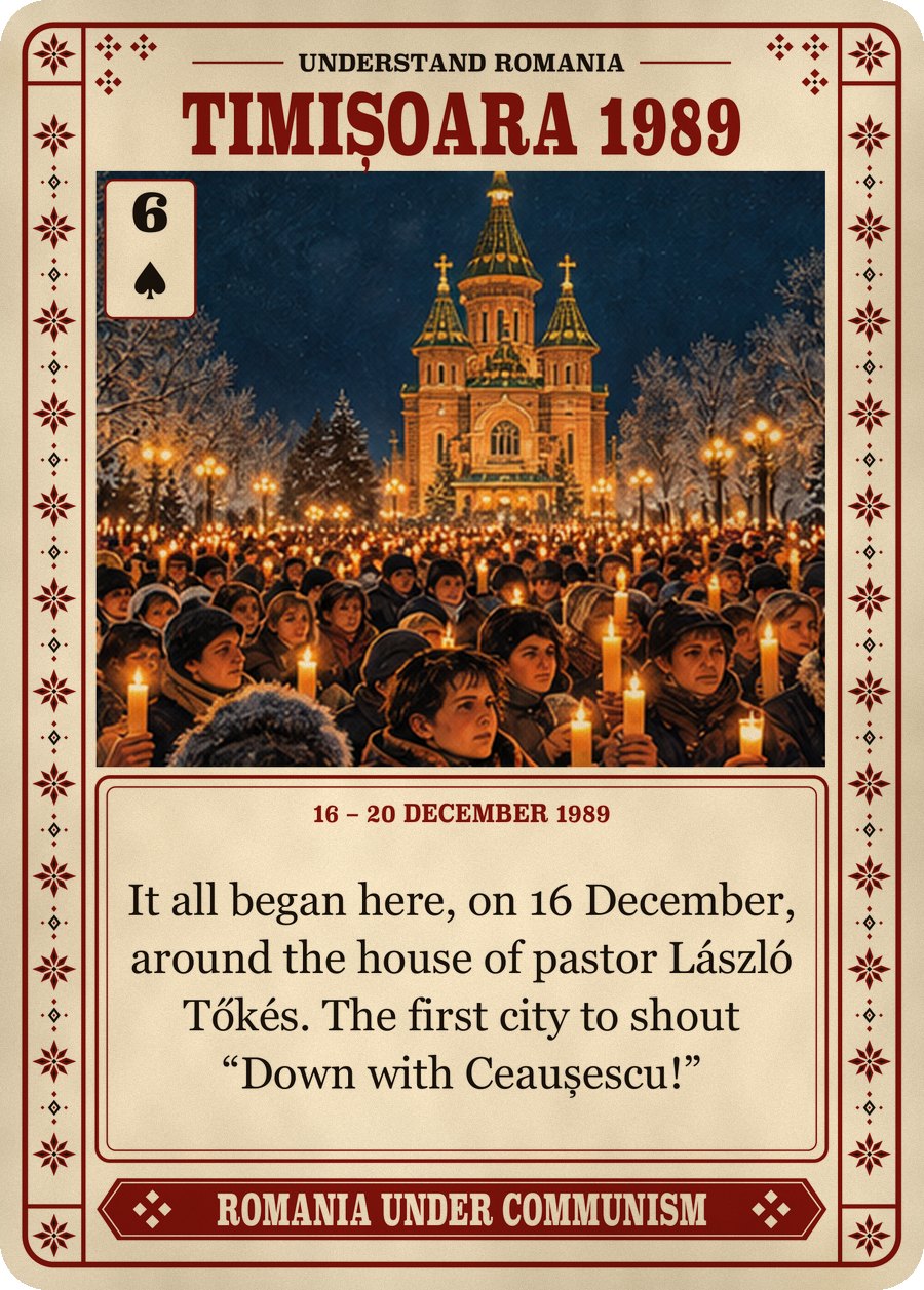 TIMIȘOARA 1989 — 16 – 20 December 1989. It all began here, on 16 December, around the house of pastor László Tőkés. The first city to shout “Down with Ceaușescu!”