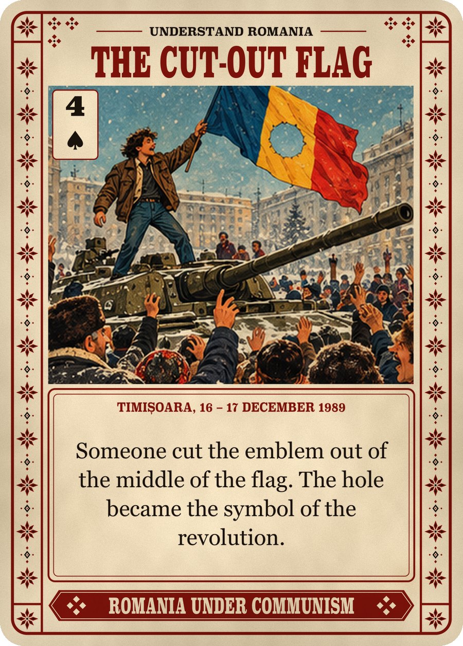THE CUT-OUT FLAG — Timișoara, 16 – 17 December 1989. Someone cut the emblem out of the middle of the flag. The hole became the symbol of the revolution.
