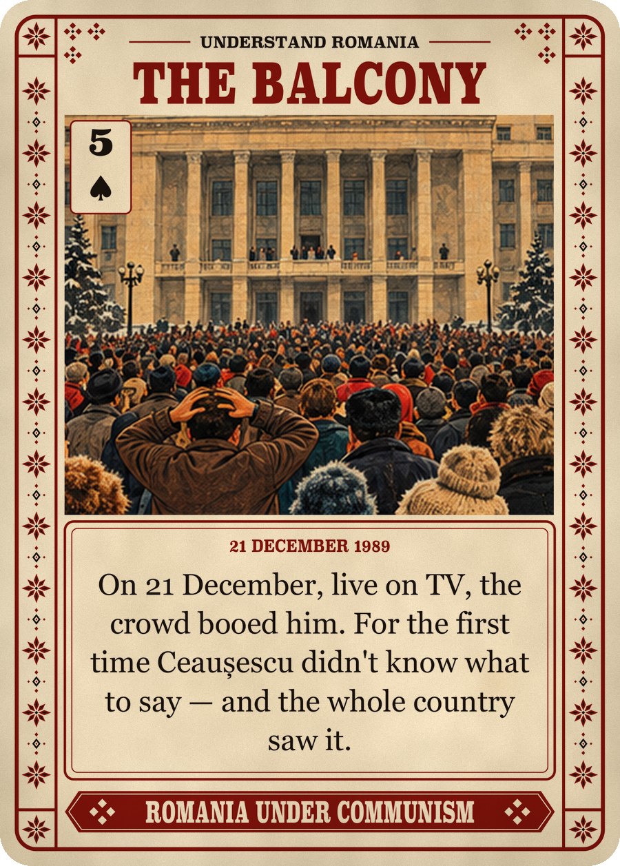 THE BALCONY — 21 December 1989. On 21 December, live on TV, the crowd booed him. For the first time Ceaușescu didn't know what to say — and the whole country saw it.