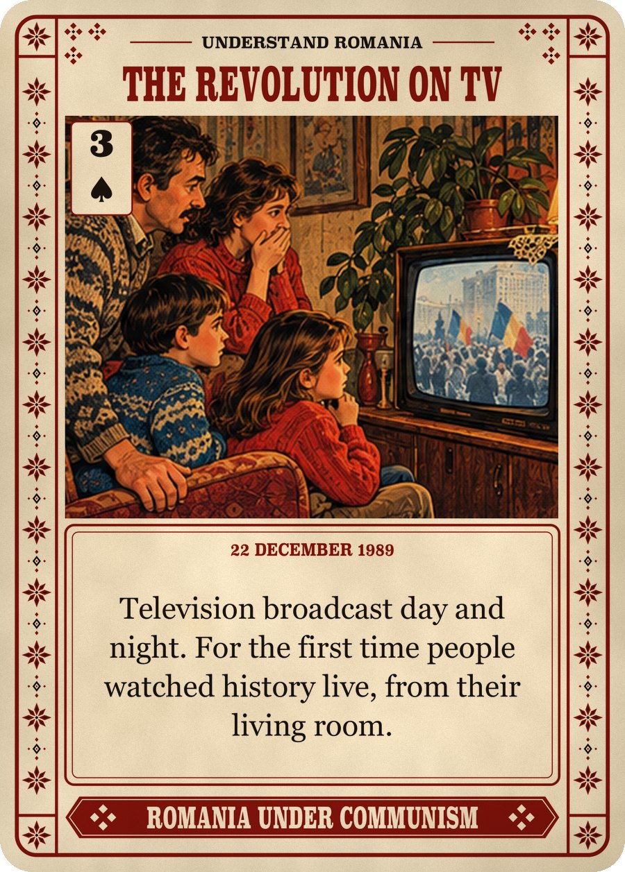 THE REVOLUTION ON TV — 22 December 1989. Television broadcast day and night. For the first time people watched history live, from their living room.