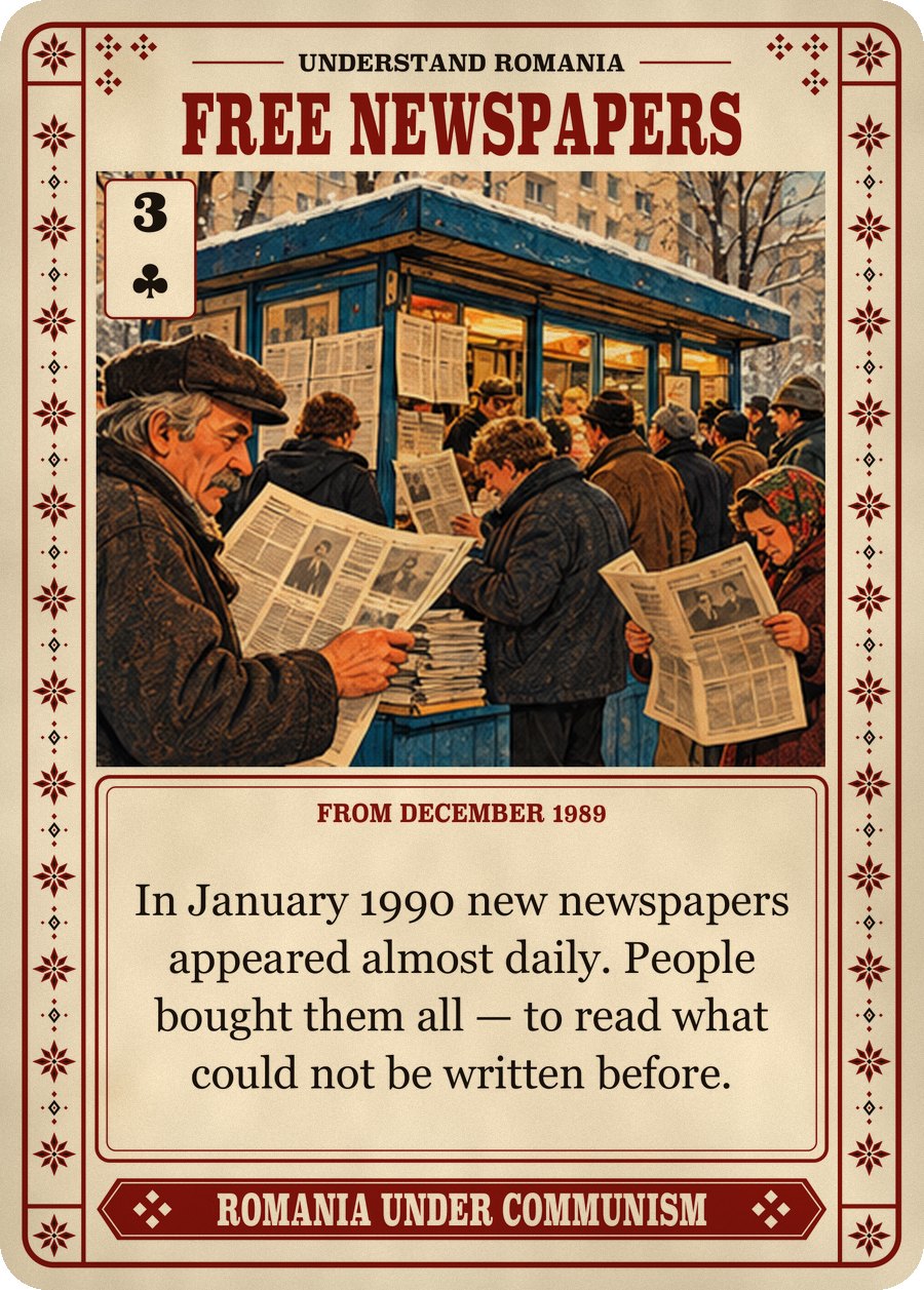 FREE NEWSPAPERS — from December 1989. In January 1990 new newspapers appeared almost daily. People bought them all — to read what could not be written before.
