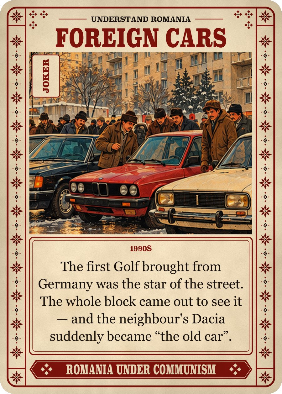 FOREIGN CARS — 1990s. The first Golf brought from Germany was the star of the street. The whole block came out to see it — and the neighbour's Dacia suddenly became “the old car”.