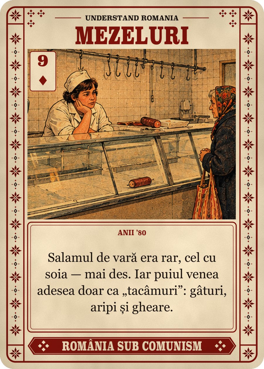 MEZELURI — anii ’80. Salamul de vară era rar, cel cu soia — mai des. Iar puiul venea adesea doar ca „tacâmuri”: gâturi, aripi și gheare.