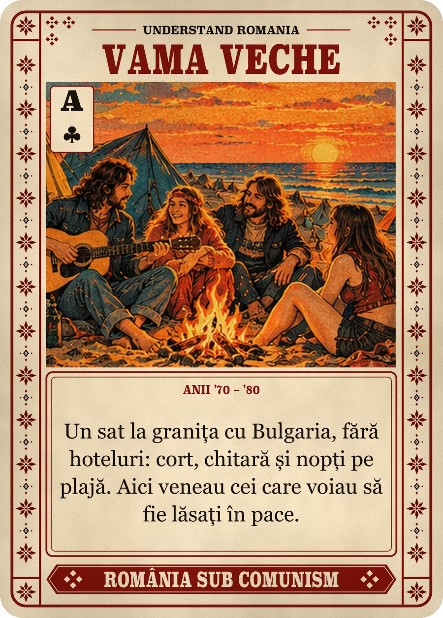 VAMA VECHE — anii ’70 – ’80. Un sat la granița cu Bulgaria, fără hoteluri: cort, chitară și nopți pe plajă. Aici veneau cei care voiau să fie lăsați în pace.