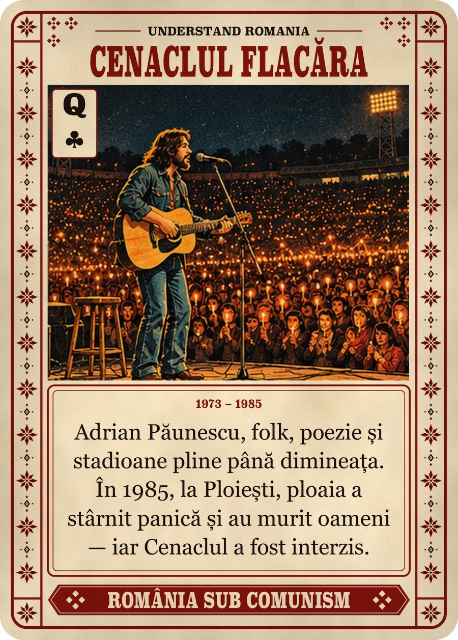 CENACLUL FLACĂRA — 1973 – 1985. Adrian Păunescu, folk, poezie și stadioane pline până dimineața. În 1985, la Ploiești, ploaia a stârnit panică și au murit oameni — iar Cenaclul a fost interzis.
