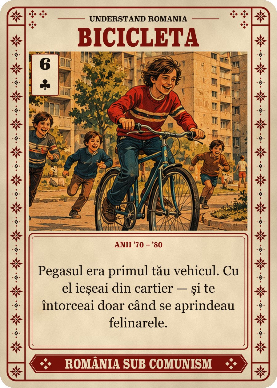 BICICLETA — anii ’70 – ’80. Pegasul era primul tău vehicul. Cu el ieșeai din cartier — și te întorceai doar când se aprindeau felinarele.