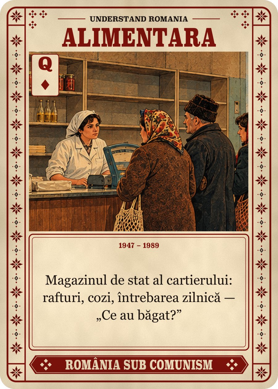 ALIMENTARA — 1947 – 1989. Magazinul de stat al cartierului: rafturi, cozi, întrebarea zilnică — „Ce au băgat?”