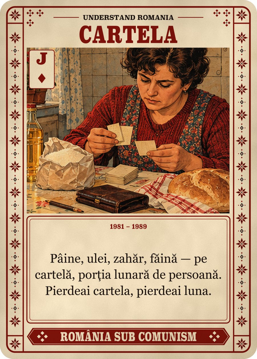 CARTELA — 1981 – 1989. Pâine, ulei, zahăr, făină — pe cartelă, porția lunară de persoană. Pierdeai cartela, pierdeai luna.
