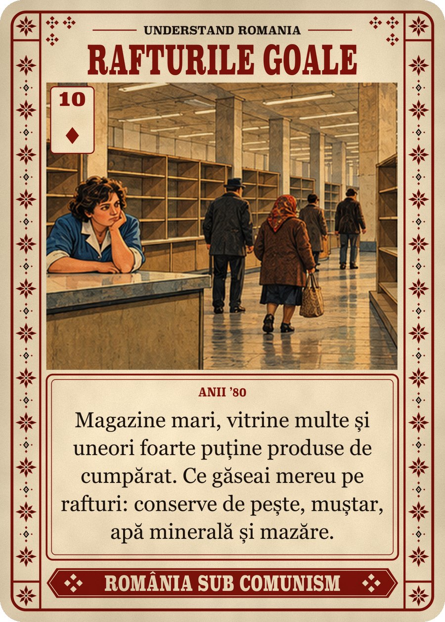 RAFTURILE GOALE — anii ’80. Magazine mari, vitrine multe și uneori foarte puține produse de cumpărat. Ce găseai mereu pe rafturi: conserve de pește, muștar, apă minerală și mazăre.