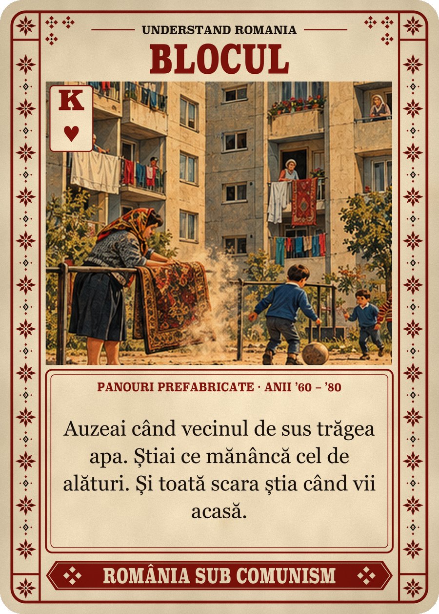 BLOCUL — panouri prefabricate · anii ’60 – ’80. Auzeai când vecinul de sus trăgea apa. Știai ce mănâncă cel de alături. Și toată scara știa când vii acasă.