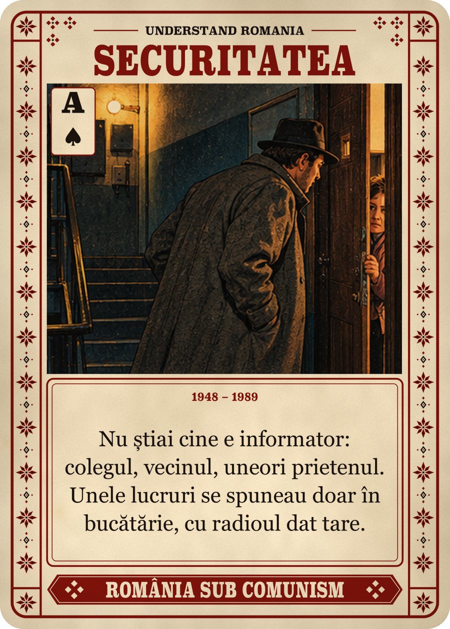SECURITATEA — 1948 – 1989. Nu știai cine e informator: colegul, vecinul, uneori prietenul. Unele lucruri se spuneau doar în bucătărie, cu radioul dat tare.