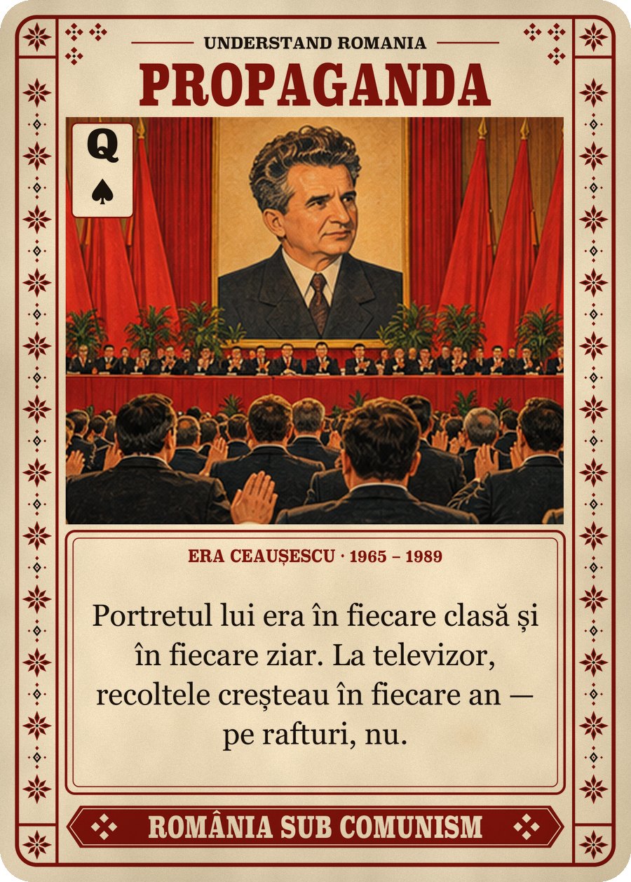 PROPAGANDA — era Ceaușescu · 1965 – 1989. Portretul lui era în fiecare clasă și în fiecare ziar. La televizor, recoltele creșteau în fiecare an — pe rafturi, nu.