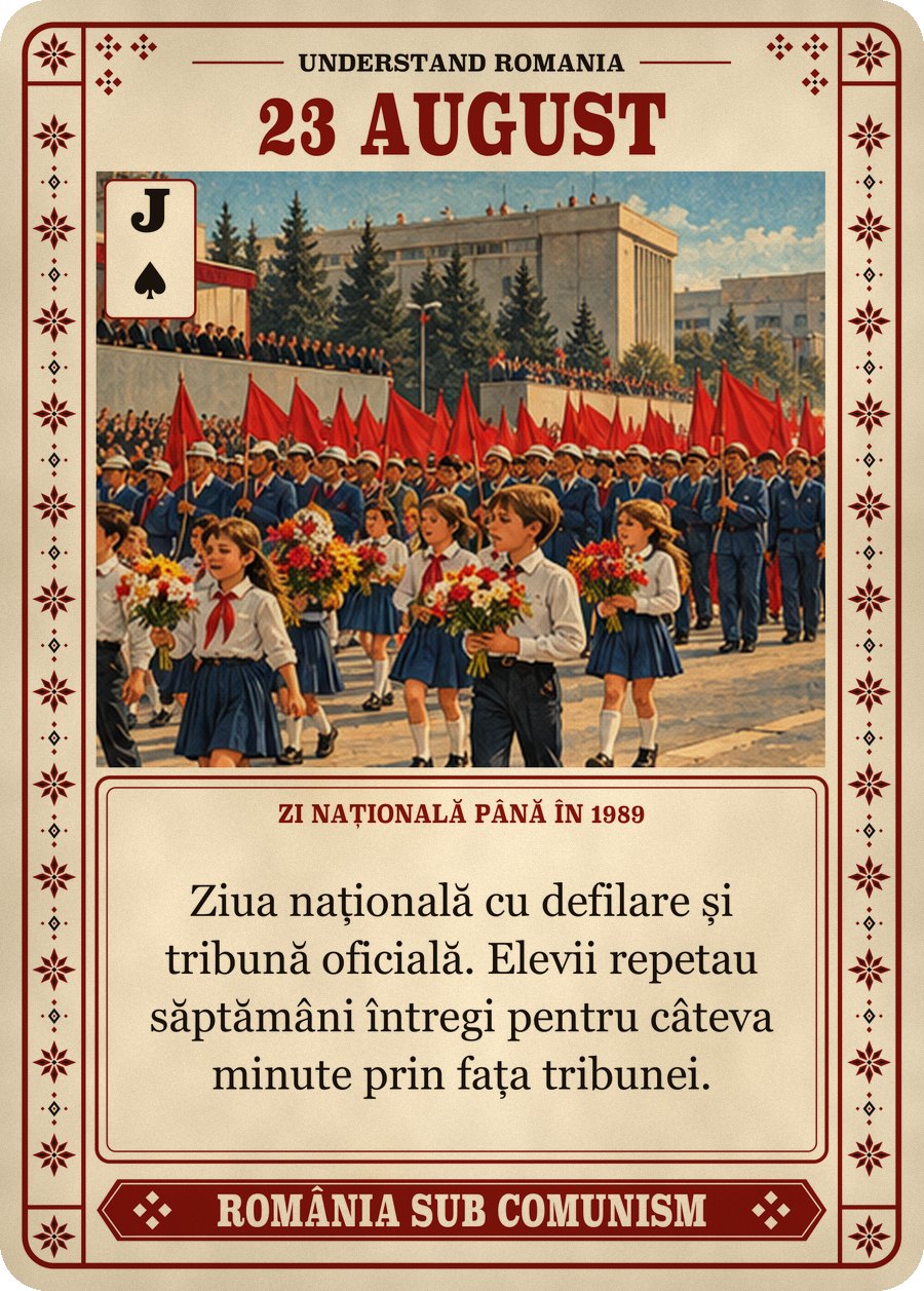 23 AUGUST — zi națională până în 1989. Ziua națională cu defilare și tribună oficială. Elevii repetau săptămâni întregi pentru câteva minute prin fața tribunei.