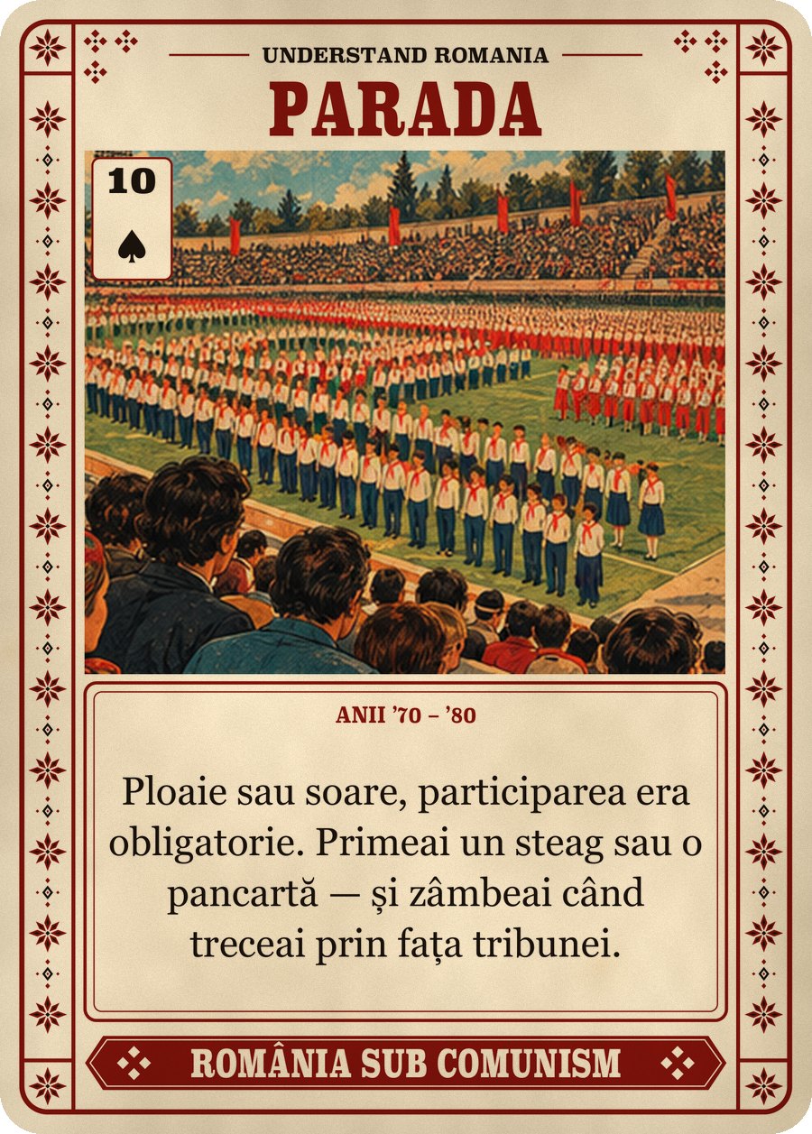 PARADA — anii ’70 – ’80. Ploaie sau soare, participarea era obligatorie. Primeai un steag sau o pancartă — și zâmbeai când treceai prin fața tribunei.