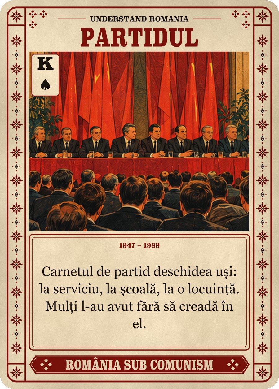 PARTIDUL — 1947 – 1989. Carnetul de partid deschidea uși: la serviciu, la școală, la o locuință. Mulți l-au avut fără să creadă în el.