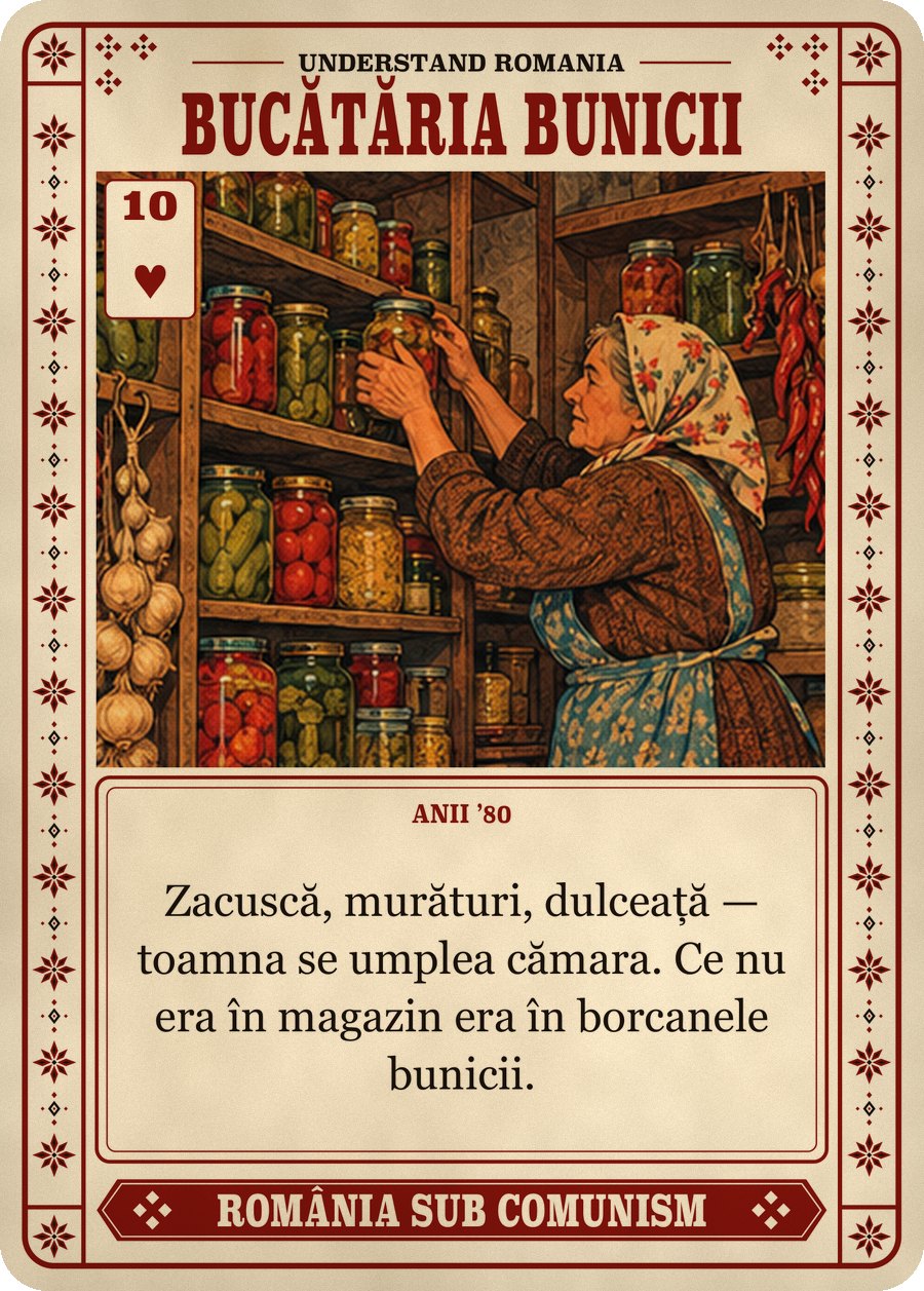 BUCĂTĂRIA BUNICII — anii ’80. Zacuscă, murături, dulceață — toamna se umplea cămara. Ce nu era în magazin era în borcanele bunicii.