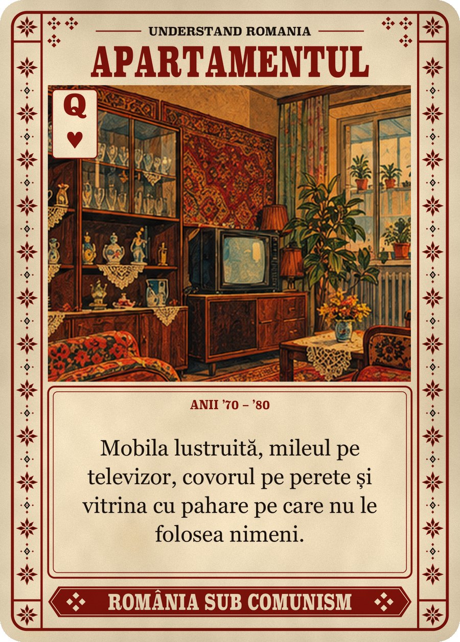 APARTAMENTUL — anii ’70 – ’80. Mobila lustruită, mileul pe televizor, covorul pe perete și vitrina cu pahare pe care nu le folosea nimeni.