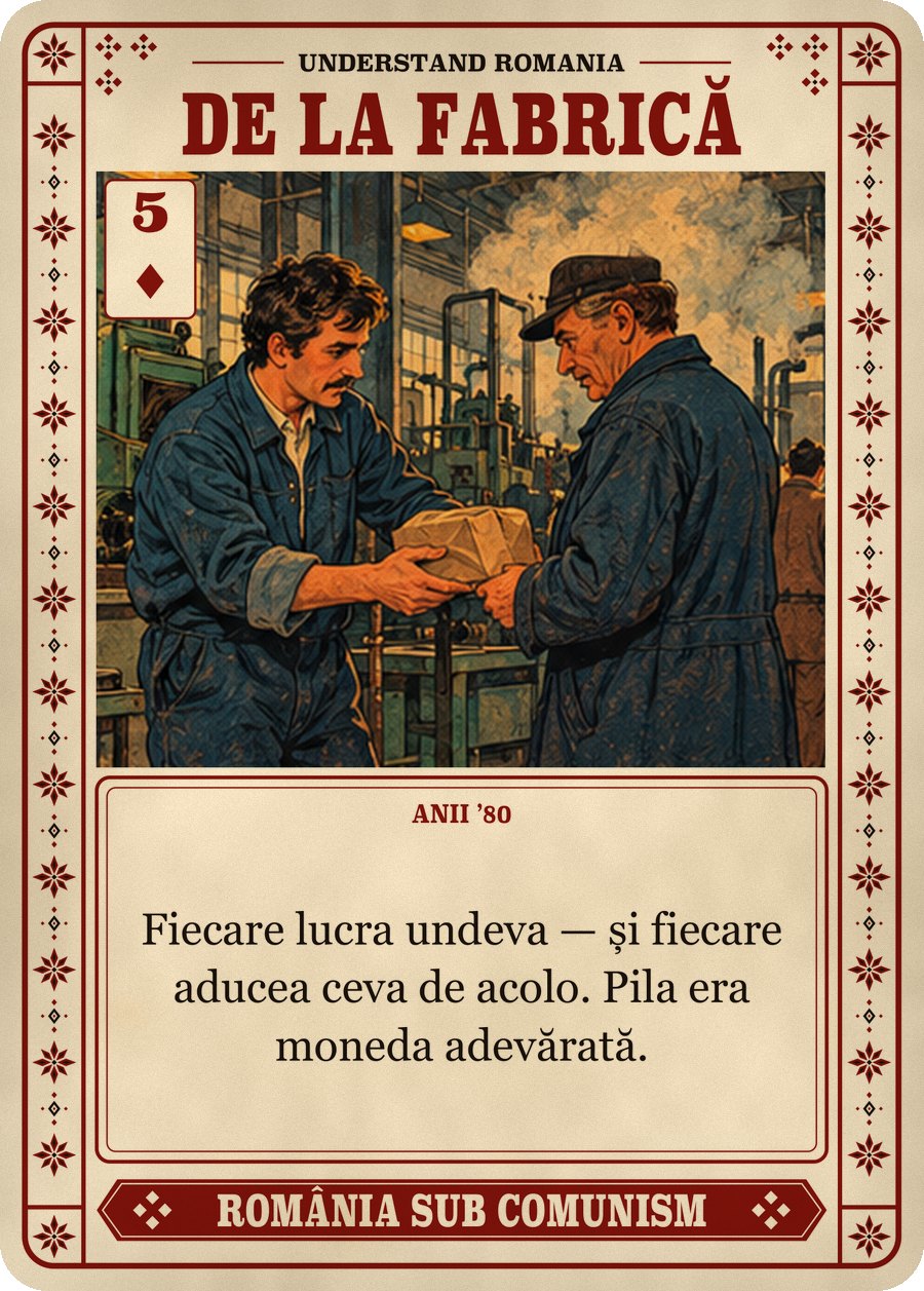 DE LA FABRICĂ — anii ’80. Fiecare lucra undeva — și fiecare aducea ceva de acolo. Pila era moneda adevărată.