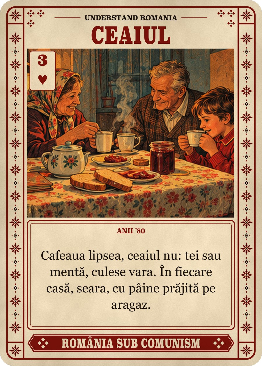 CEAIUL — anii ’80. Cafeaua lipsea, ceaiul nu: tei sau mentă, culese vara. În fiecare casă, seara, cu pâine prăjită pe aragaz.