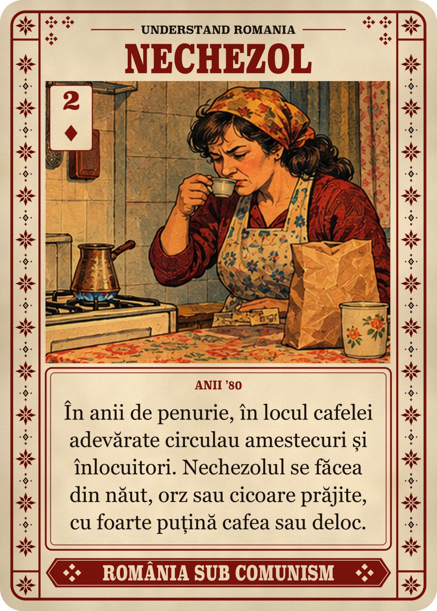 NECHEZOL — anii ’80. În anii de penurie, în locul cafelei adevărate circulau amestecuri și înlocuitori. Nechezolul se făcea din năut, orz sau cicoare prăjite, cu foarte puțină cafea sau deloc.