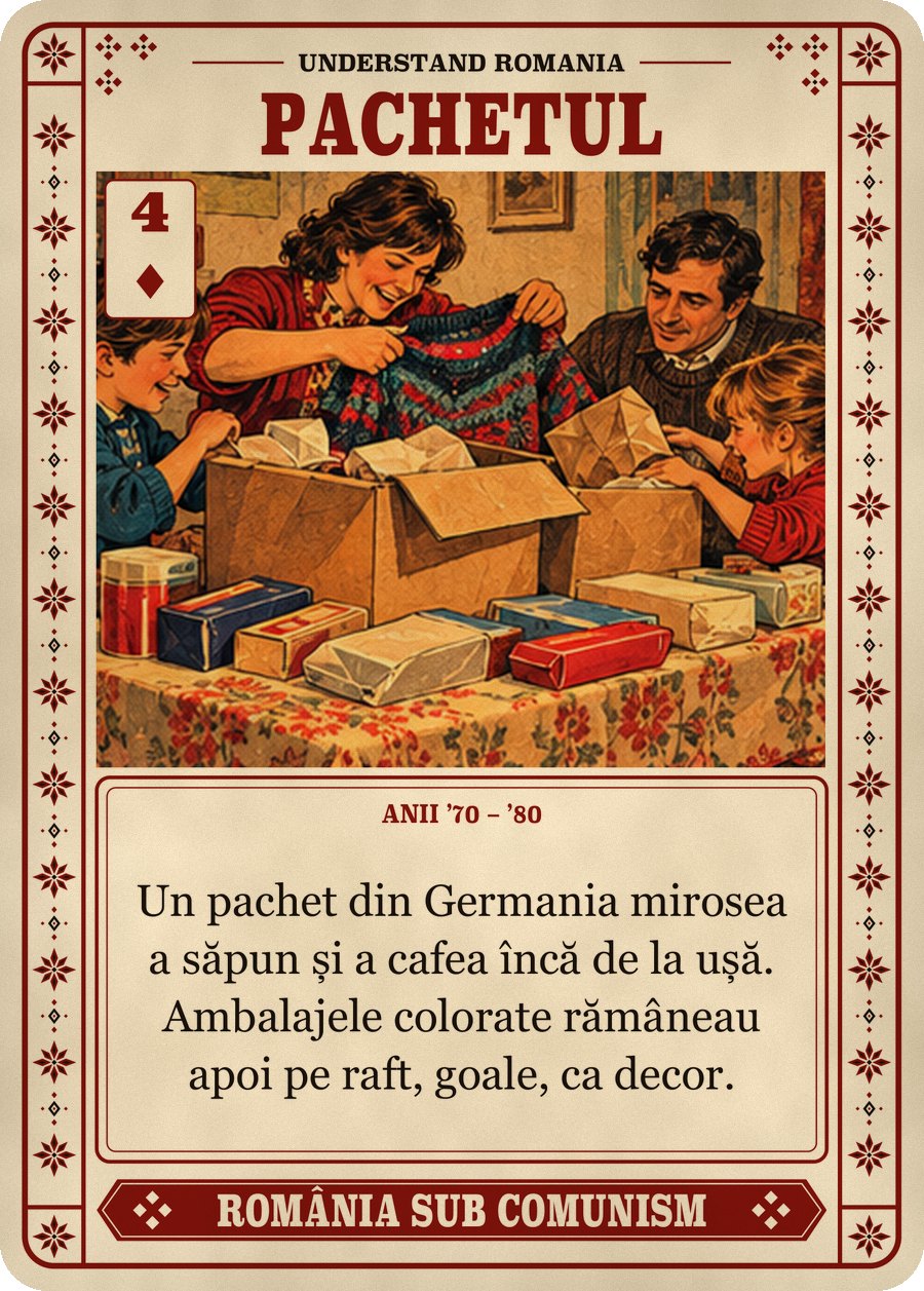 PACHETUL — anii ’70 – ’80. Un pachet din Germania mirosea a săpun și a cafea încă de la ușă. Ambalajele colorate rămâneau apoi pe raft, goale, ca decor.