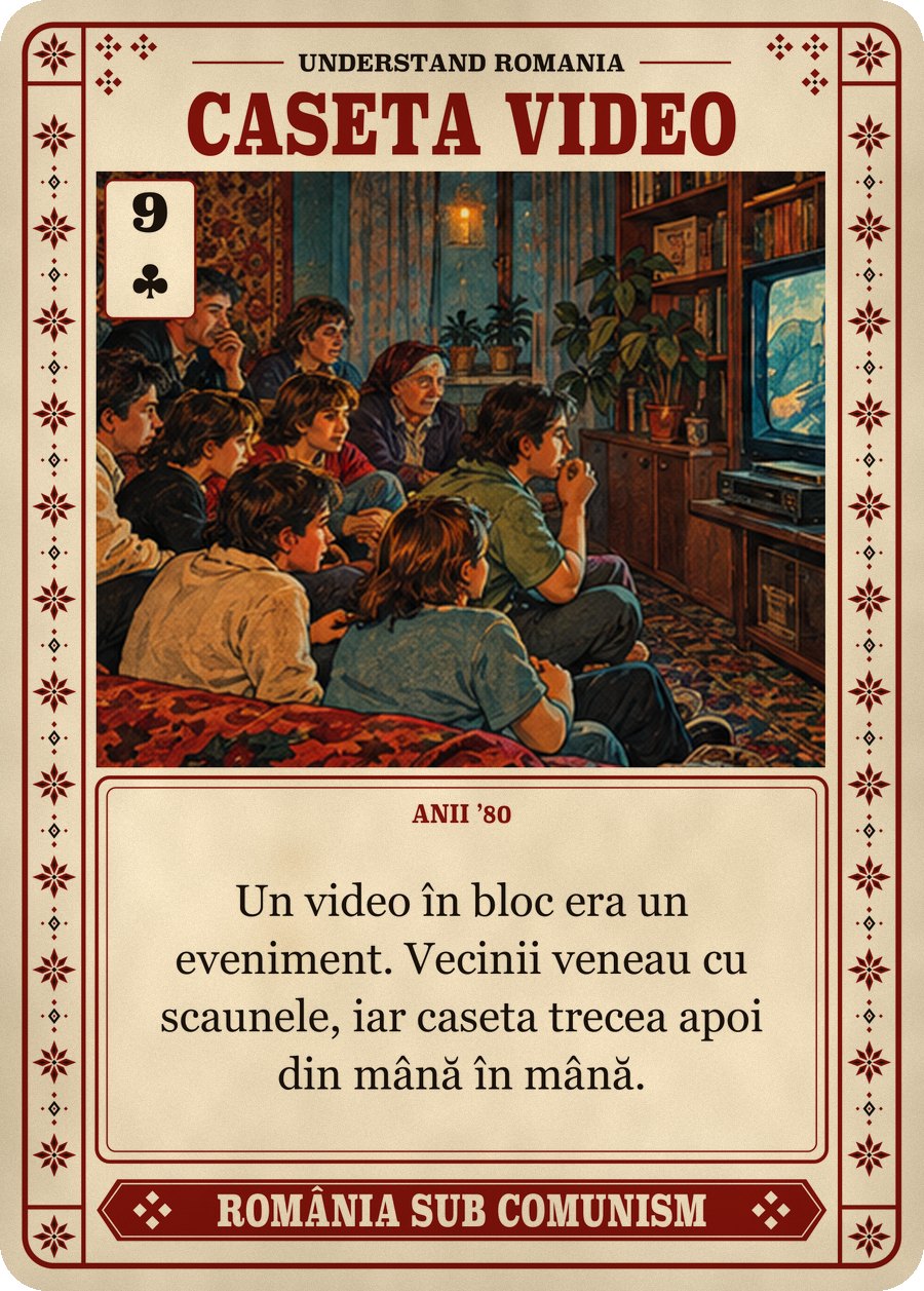 CASETA VIDEO — anii ’80. Un video în bloc era un eveniment. Vecinii veneau cu scaunele, iar caseta trecea apoi din mână în mână.