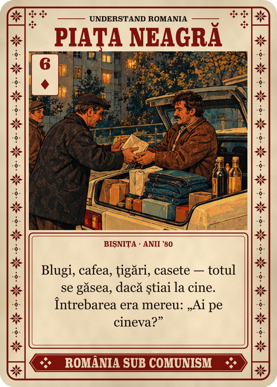 PIAȚA NEAGRĂ — bișnița · anii ’80. Blugi, cafea, țigări, casete — totul se găsea, dacă știai la cine. Întrebarea era mereu: „Ai pe cineva?”
