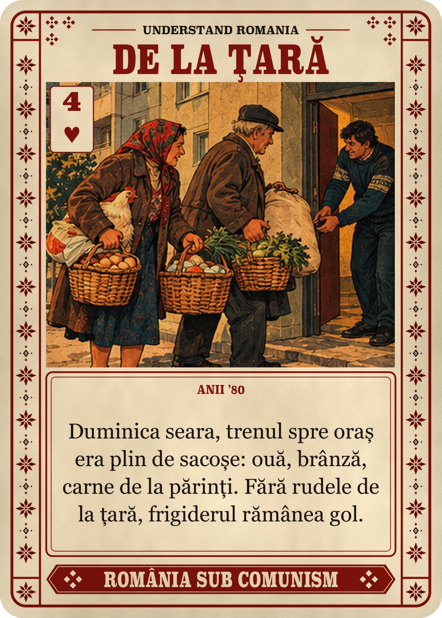 DE LA ȚARĂ — anii ’80. Duminica seara, trenul spre oraș era plin de sacoșe: ouă, brânză, carne de la părinți. Fără rudele de la țară, frigiderul rămânea gol.