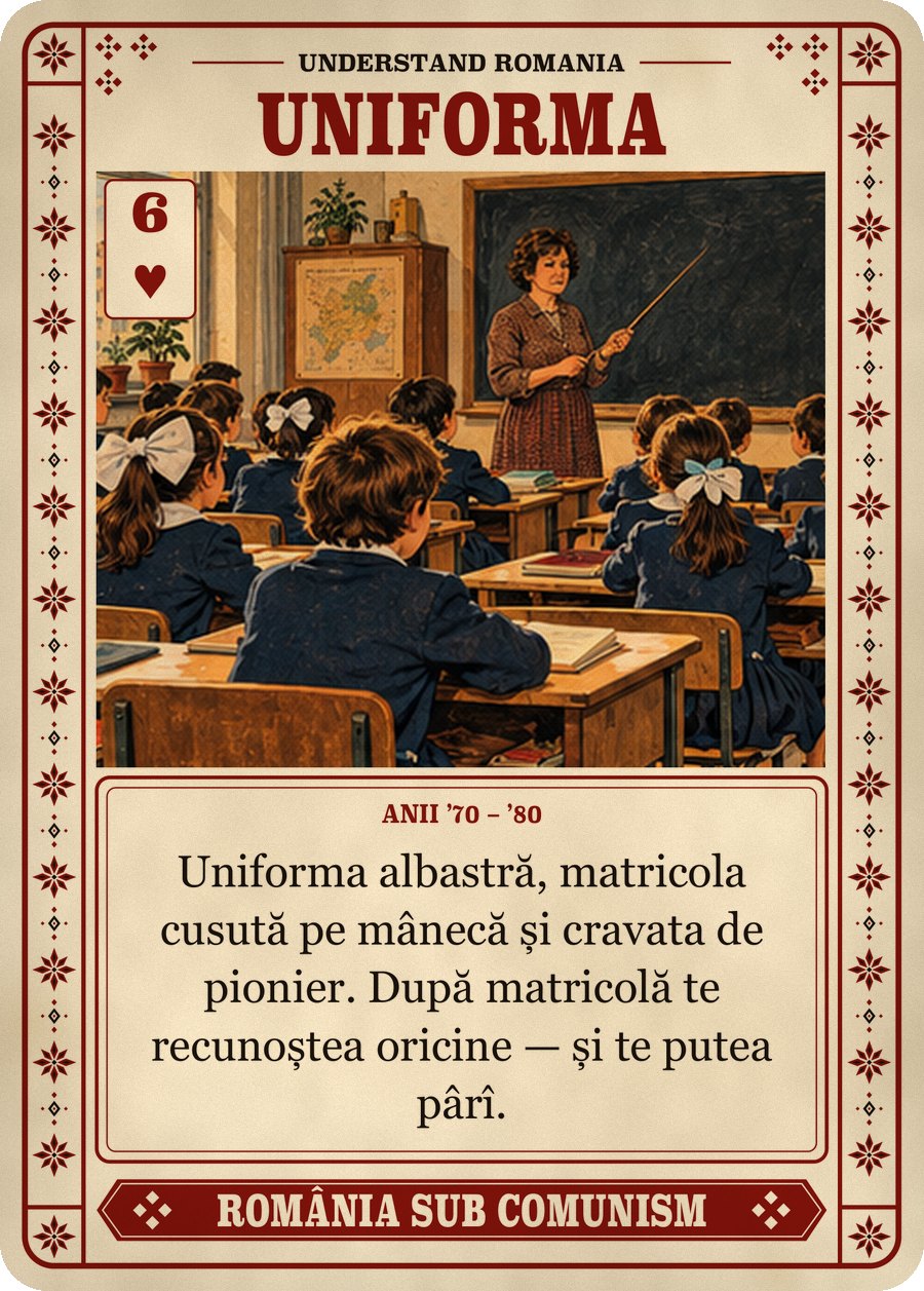 UNIFORMA — anii ’70 – ’80. Uniforma albastră, matricola cusută pe mânecă și cravata de pionier. După matricolă te recunoștea oricine — și te putea pârî.
