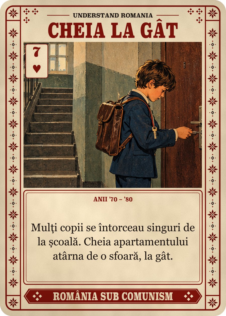 CHEIA LA GÂT — anii ’70 – ’80. Mulți copii se întorceau singuri de la școală. Cheia apartamentului atârna de o sfoară, la gât.