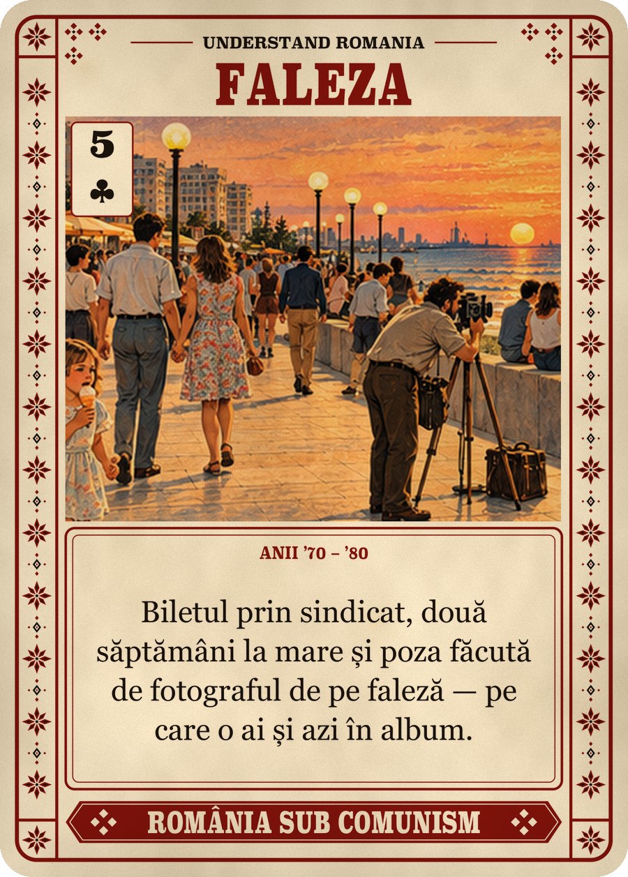 FALEZA — anii ’70 – ’80. Biletul prin sindicat, două săptămâni la mare și poza făcută de fotograful de pe faleză — pe care o ai și azi în album.