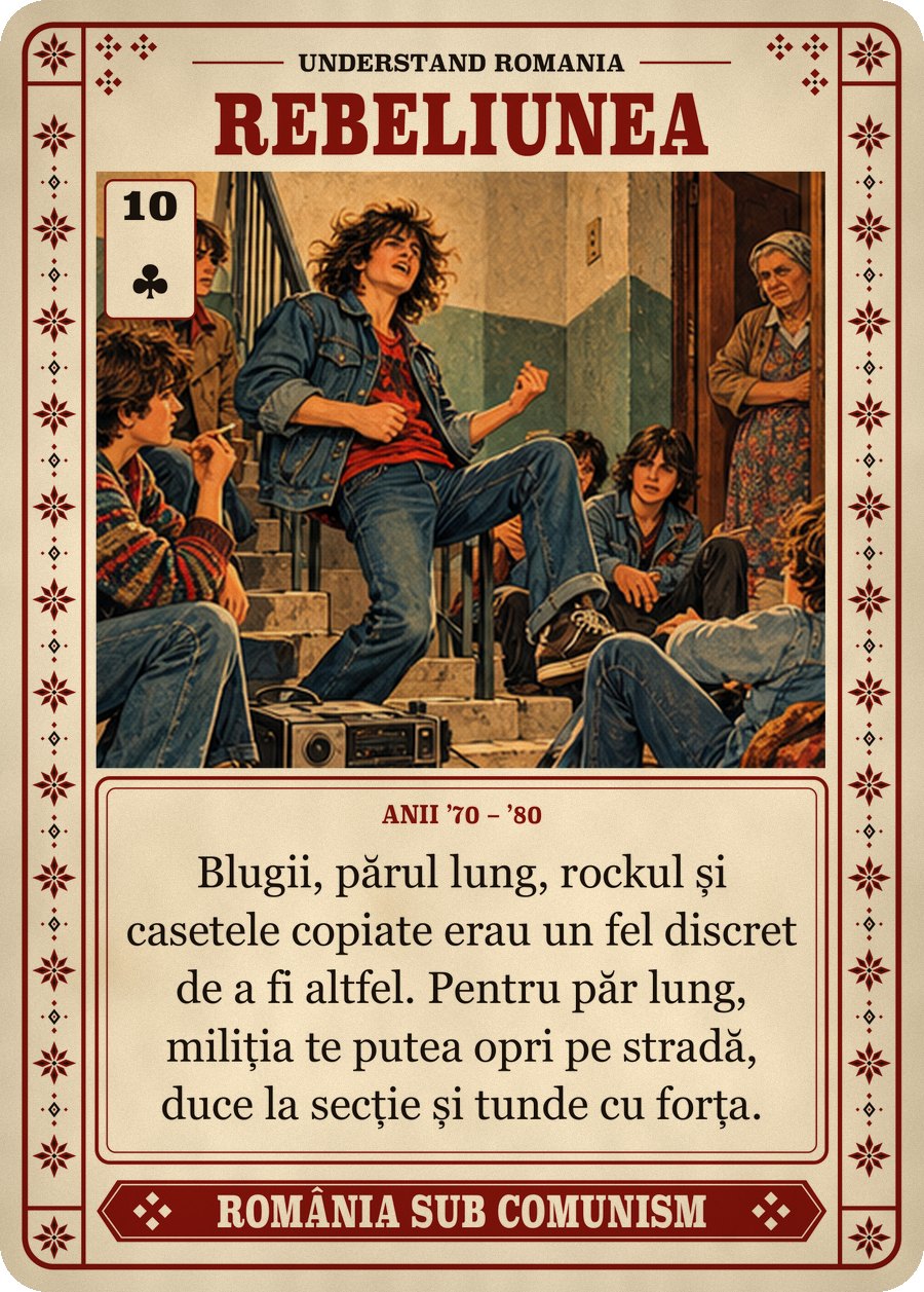 REBELIUNEA — anii ’70 – ’80. Blugii, părul lung, rockul și casetele copiate erau un fel discret de a fi altfel. Pentru păr lung, miliția te putea opri pe stradă, duce la secție și tunde cu forța.
