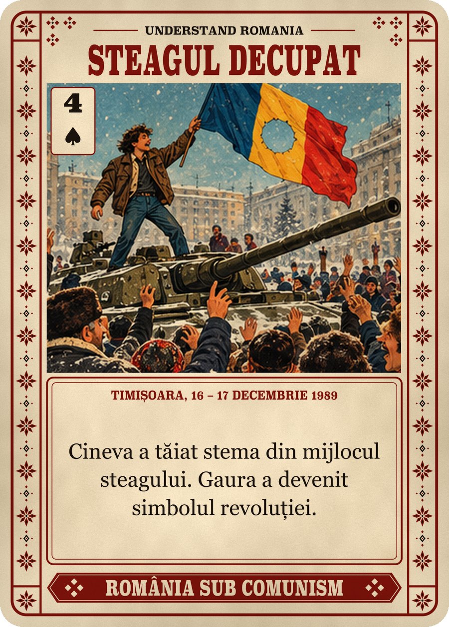 STEAGUL DECUPAT — Timișoara, 16 – 17 decembrie 1989. Cineva a tăiat stema din mijlocul steagului. Gaura a devenit simbolul revoluției.