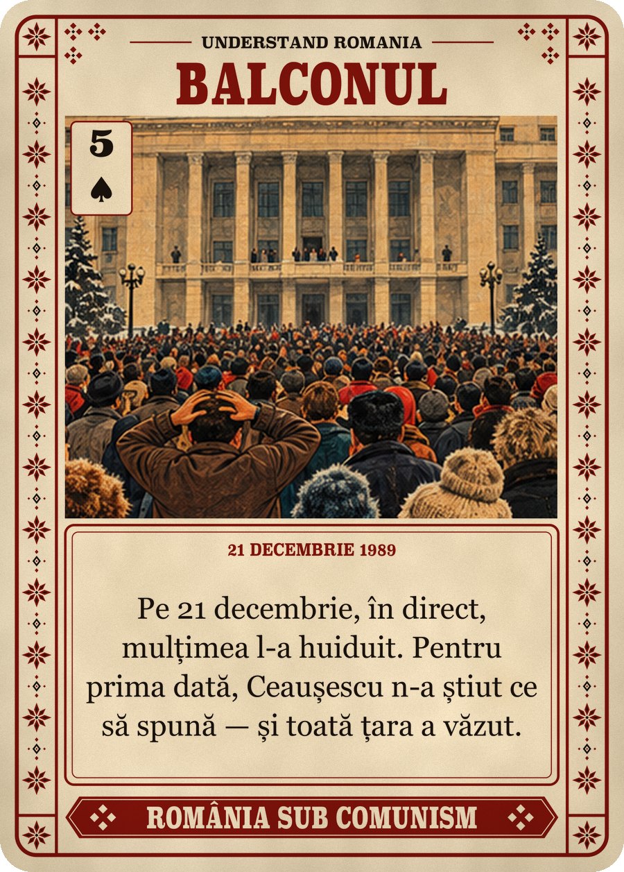 BALCONUL — 21 decembrie 1989. Pe 21 decembrie, în direct, mulțimea l-a huiduit. Pentru prima dată, Ceaușescu n-a știut ce să spună — și toată țara a văzut.
