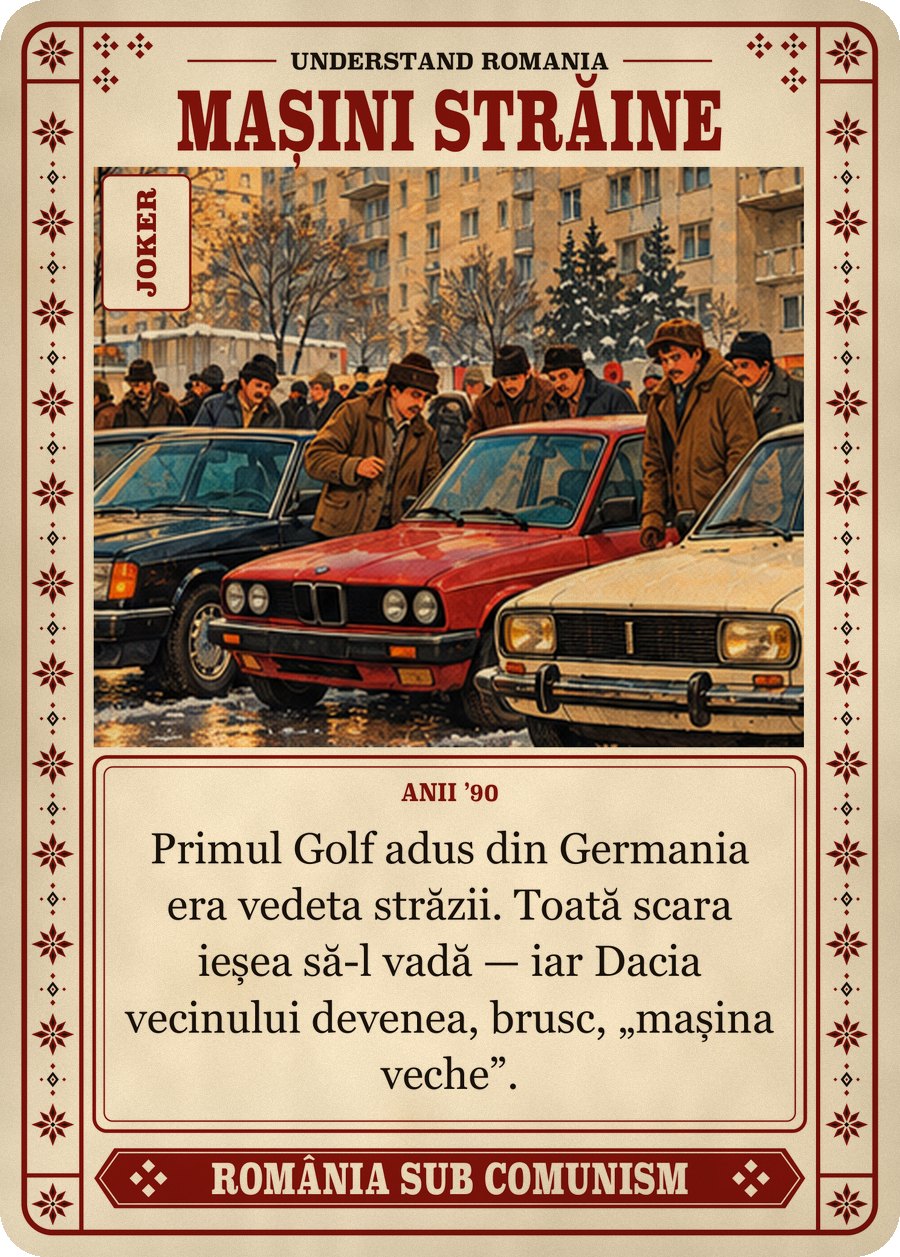 MAȘINI STRĂINE — anii ’90. Primul Golf adus din Germania era vedeta străzii. Toată scara ieșea să-l vadă — iar Dacia vecinului devenea, brusc, „mașina veche”.