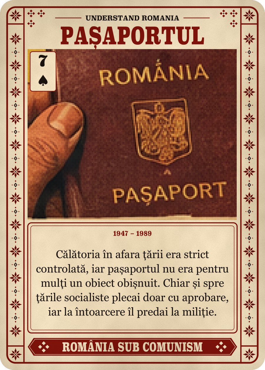 PAȘAPORTUL — 1947 – 1989. Călătoria în afara țării era strict controlată, iar pașaportul nu era pentru mulți un obiect obișnuit. Chiar și spre țările socialiste plecai doar cu aprobare, iar la întoarcere îl predai la miliție.