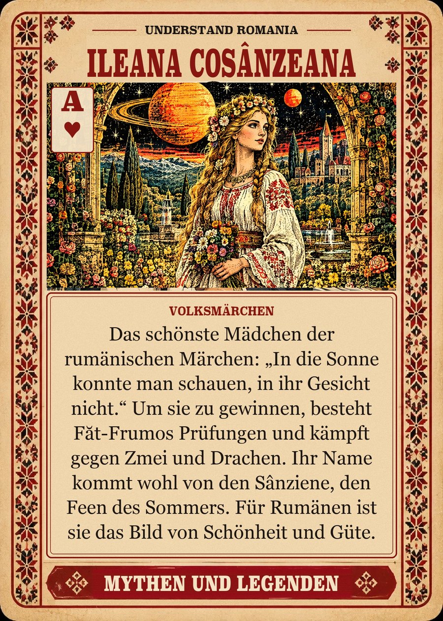 ILEANA COSÂNZEANA — Volksmärchen. Das schönste Mädchen der rumänischen Märchen: „In die Sonne konnte man schauen, in ihr Gesicht nicht.“ Um sie zu gewinnen, besteht Făt-Frumos Prüfungen und kämpft gegen Zmei und Drachen. Ihr Name kommt wohl von den Sânziene, den Feen des Sommers. Für Rumänen ist sie das Bild von Schönheit und Güte.