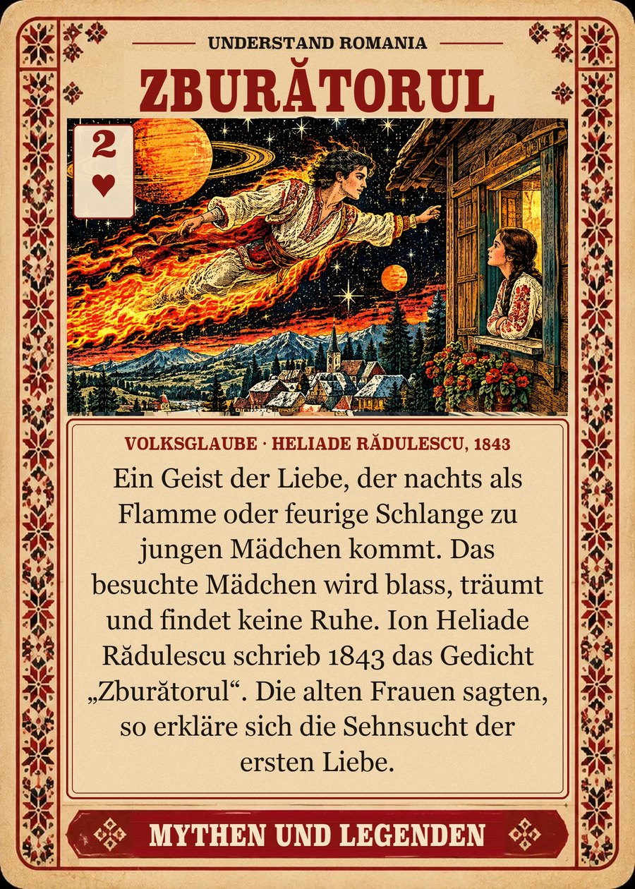 ZBURĂTORUL — Volksglaube · Heliade Rădulescu, 1843. Ein Geist der Liebe, der nachts als Flamme oder feurige Schlange zu jungen Mädchen kommt. Das besuchte Mädchen wird blass, träumt und findet keine Ruhe. Ion Heliade Rădulescu schrieb 1843 das Gedicht „Zburătorul“. Die alten Frauen sagten, so erkläre sich die Sehnsucht der ersten Liebe.