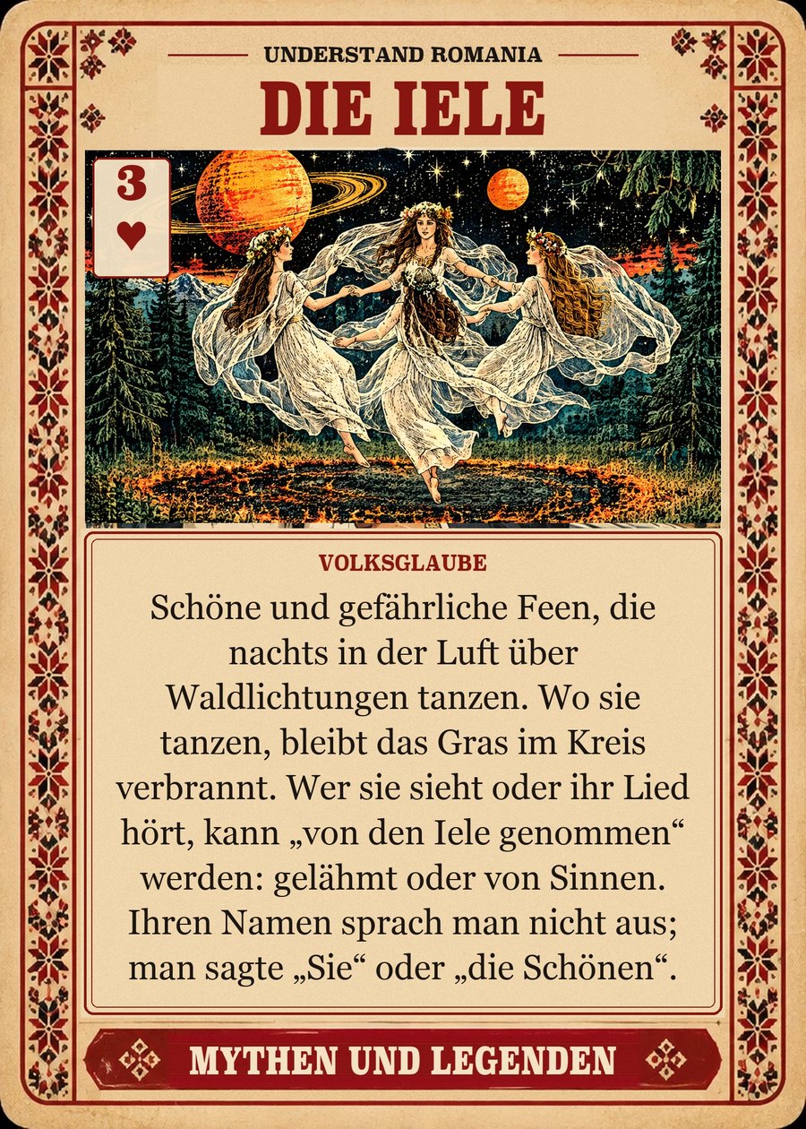 DIE IELE — Volksglaube. Schöne und gefährliche Feen, die nachts in der Luft über Waldlichtungen tanzen. Wo sie tanzen, bleibt das Gras im Kreis verbrannt. Wer sie sieht oder ihr Lied hört, kann „von den Iele genommen“ werden: gelähmt oder von Sinnen. Ihren Namen sprach man nicht aus; man sagte „Sie“ oder „die Schönen“.