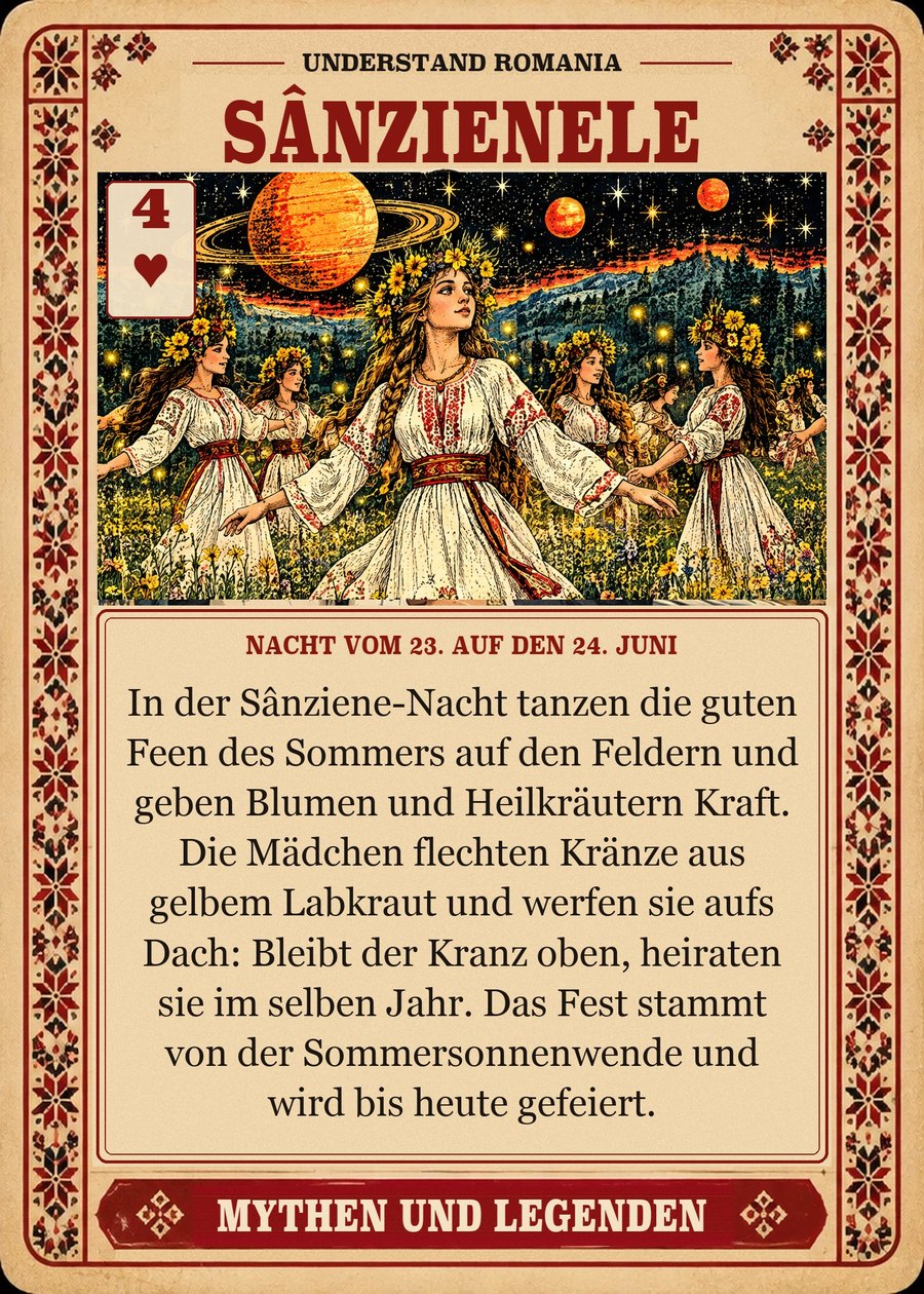 SÂNZIENELE — Nacht vom 23. auf den 24. Juni. In der Sânziene-Nacht tanzen die guten Feen des Sommers auf den Feldern und geben Blumen und Heilkräutern Kraft. Die Mädchen flechten Kränze aus gelbem Labkraut und werfen sie aufs Dach: Bleibt der Kranz oben, heiraten sie im selben Jahr. Das Fest stammt von der Sommersonnenwende und wird bis heute gefeiert.