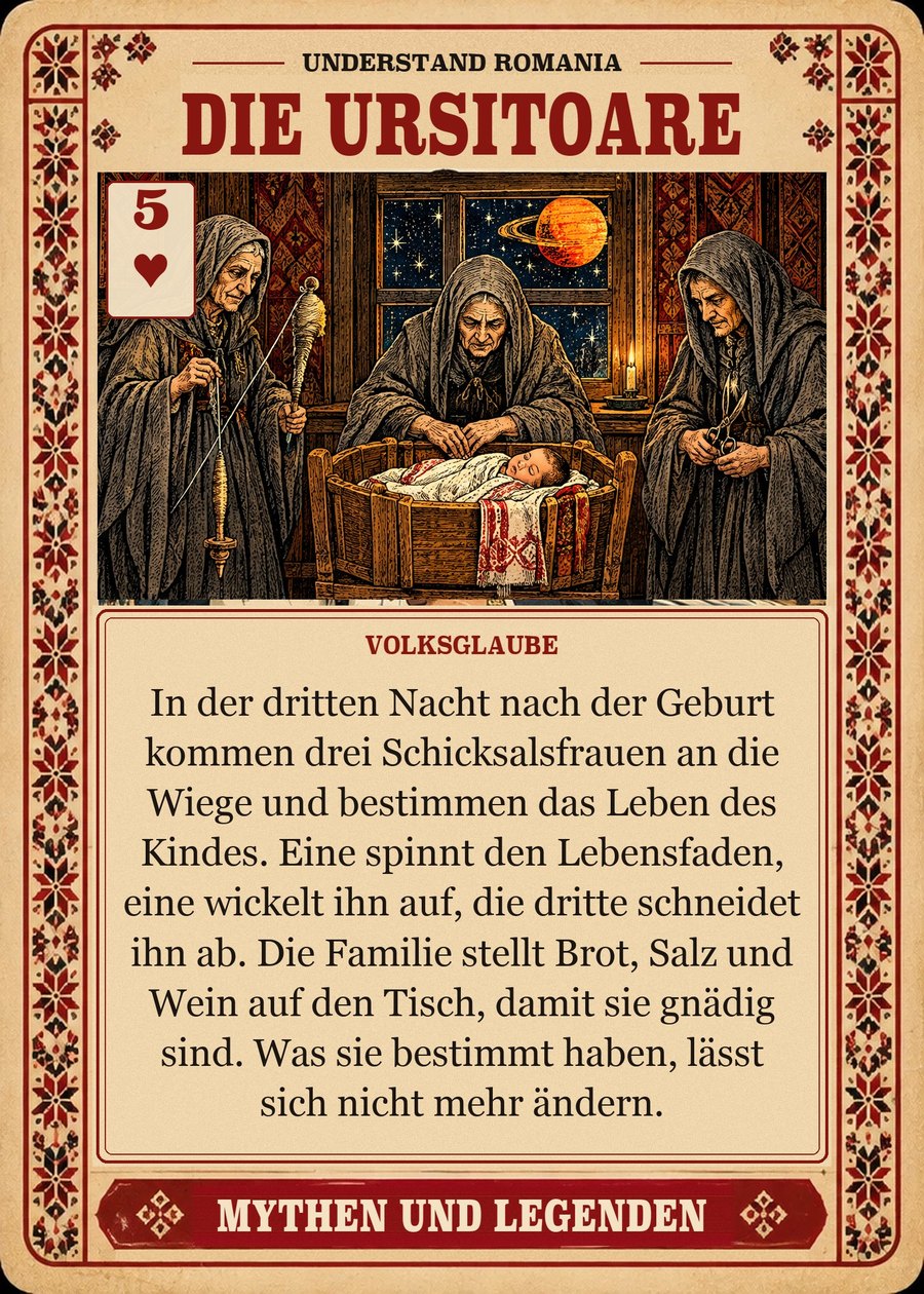 DIE URSITOARE — Volksglaube. In der dritten Nacht nach der Geburt kommen drei Schicksalsfrauen an die Wiege und bestimmen das Leben des Kindes. Eine spinnt den Lebensfaden, eine wickelt ihn auf, die dritte schneidet ihn ab. Die Familie stellt Brot, Salz und Wein auf den Tisch, damit sie gnädig sind. Was sie bestimmt haben, lässt sich nicht mehr ändern.