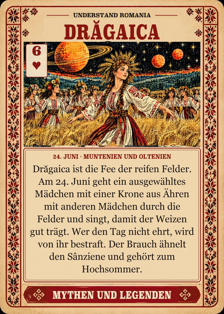 DRĂGAICA — 24. Juni · Muntenien und Oltenien. Drăgaica ist die Fee der reifen Felder. Am 24. Juni geht ein ausgewähltes Mädchen mit einer Krone aus Ähren mit anderen Mädchen durch die Felder und singt, damit der Weizen gut trägt. Wer den Tag nicht ehrt, wird von ihr bestraft. Der Brauch ähnelt den Sânziene und gehört zum Hochsommer.