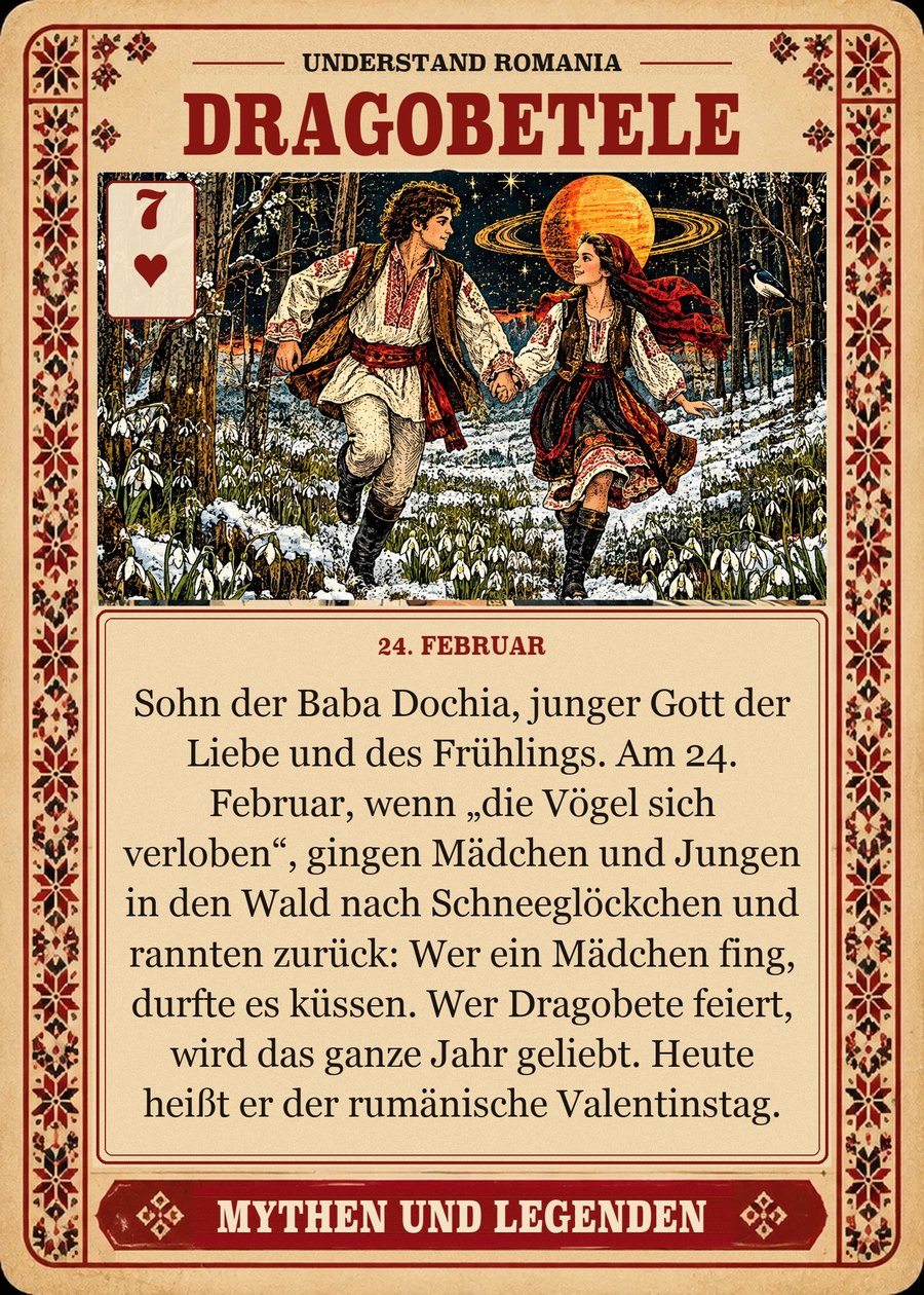 DRAGOBETELE — 24. Februar. Sohn der Baba Dochia, junger Gott der Liebe und des Frühlings. Am 24. Februar, wenn „die Vögel sich verloben“, gingen Mädchen und Jungen in den Wald nach Schneeglöckchen und rannten zurück: Wer ein Mädchen fing, durfte es küssen. Wer Dragobete feiert, wird das ganze Jahr geliebt. Heute heißt er der rumänische Valentinstag.
