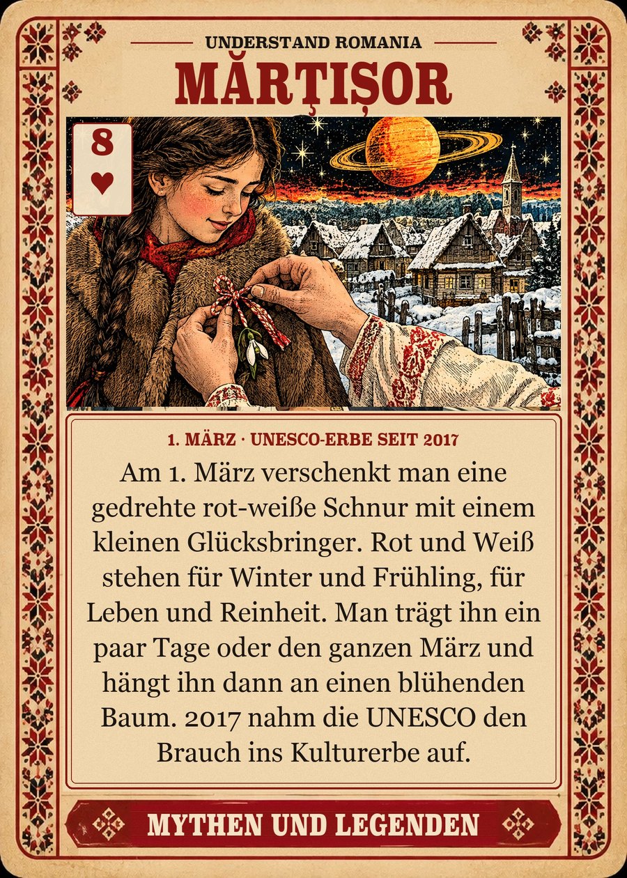 MĂRȚIȘOR — 1. März · UNESCO-Erbe seit 2017. Am 1. März verschenkt man eine gedrehte rot-weiße Schnur mit einem kleinen Glücksbringer. Rot und Weiß stehen für Winter und Frühling, für Leben und Reinheit. Man trägt ihn ein paar Tage oder den ganzen März und hängt ihn dann an einen blühenden Baum. 2017 nahm die UNESCO den Brauch ins Kulturerbe auf.