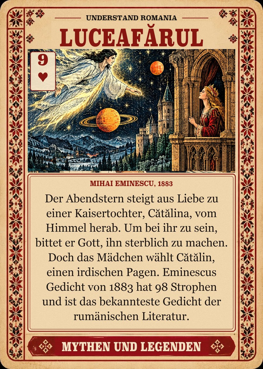 LUCEAFĂRUL — Mihai Eminescu, 1883. Der Abendstern steigt aus Liebe zu einer Kaisertochter, Cătălina, vom Himmel herab. Um bei ihr zu sein, bittet er Gott, ihn sterblich zu machen. Doch das Mädchen wählt Cătălin, einen irdischen Pagen. Eminescus Gedicht von 1883 hat 98 Strophen und ist das bekannteste Gedicht der rumänischen Literatur.